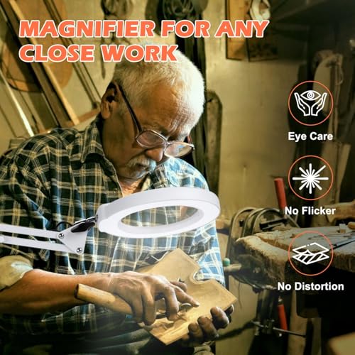 12X Magnifying Glass with Light and Stand, Real Glass Lens Desk Lamp, Lighted Magnifier with Light Stepless Dimming Hands Free for Craft, Reading, Painting, Sewing, Solder - White - color: White