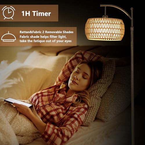 Arc Floor Lamp with Remote Control, Dimmable LED Floor Lamp with 3 Color Temperature, Black Standing Lamp with Rattan & Fabric Double Drum Shade, Boho Farmhouse Tall Pole Lamp for Living Room Bedroom - style: Bohemian