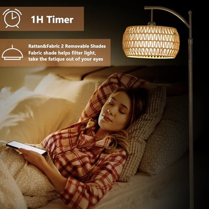 Arc Floor Lamp with Remote Control, Dimmable LED Floor Lamp with 3 Color Temperature, Black Standing Lamp with Rattan & Fabric Double Drum Shade, Boho Farmhouse Tall Pole Lamp for Living Room Bedroom - style: Bohemian