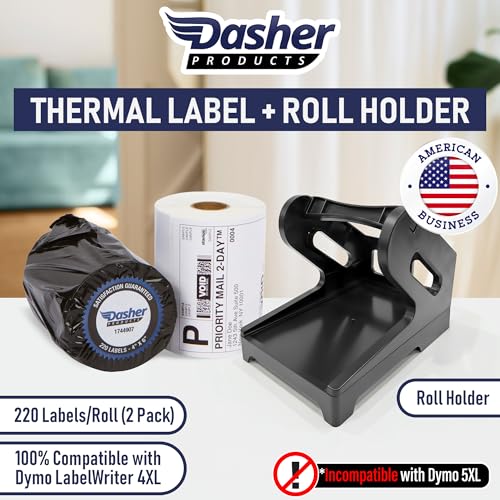 Dasher Products 4x6 Thermal Shipping Labels with Roll Holder, 440 Labels/2 Rolls (220 per Roll), Compatible with Rollo, Zebra, Munbyn, iDPRT, Jadens, Nelko, Dymo 4XL & Most Label Printers, Perforated - style: 2 Roll + Holder