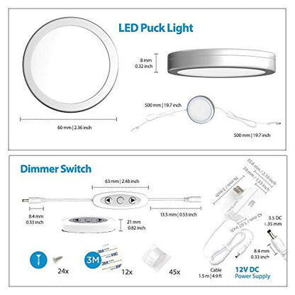 EShine Under Cabinet LED Puck Lights with Dimmer Switch, Dimmable, 12 Pcs, White Round Under Counter Lights for Kitchen, Garage, Office, Desk - Cool White (6000K) - color: Cool White (6000K), size: 12 pack
