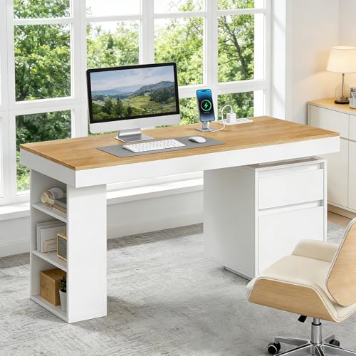55'' Modern Executive Desk with Drawers, Wooden Computer Desk with File Drawer and Charging Station, 3-Tier Open Side Shelf for Home Office and Living Room, Natural and White