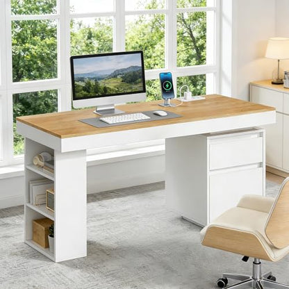 55'' Modern Executive Desk with Drawers, Wooden Computer Desk with File Drawer and Charging Station, 3-Tier Open Side Shelf for Home Office and Living Room, Natural and White