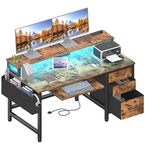 Lufeiya Gaming Desk with LED Lights and Power Outlets, 47 Inch Home Office Desks with Keyboard Tray, Computer Desk with File Drawers Cabinet, Writing Table PC Desks with Monitor Stand, Rustic Brown