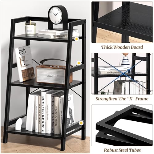 3-Tier Bookshelf, Ladder Shelf, Stand up Shelves, Industrial Bookcase with Steel Frame, Metal Small Bookcase, for Living Room, Home Office, Kitchen, Bedroom, Industrial Style（Black） - color: Black, size: 3 Tier (11.8"D x 16.5"W x 31.3"H)
