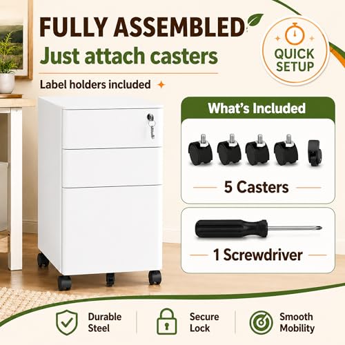 SAWJEC 3 Drawer Mobile File Cabinet Fully Assembled, White | 11.8"W x 17.7"D x 24"H, Rolling Under Desk Metal Filing Cabinet with Lock, for Home Office, Fit Legal/Letter/A4 Size - color: White, size: 24"H x 11.8"W x 18"D