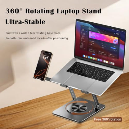 Laptop Stand with Phone Stand | 360° Rotating, Adjustable Height & Tilt Angle, Foldable Dual-Bar Support, Cooling Design, Desk Pad Laptop Riser - color: 2 in 1 Laptop Stand