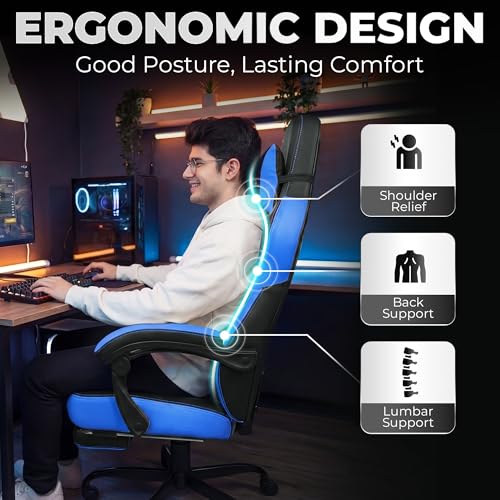 N-GEN GAMING Gaming Chair Big and Tall Computer Heavy Duty Office Desk Chair with Footrest Ergonomic Lumbar Support High Back Recliner for Adults (Blue) - color: Blue