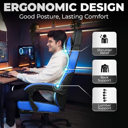 N-GEN GAMING Gaming Chair Big and Tall Computer Heavy Duty Office Desk Chair with Footrest Ergonomic Lumbar Support High Back Recliner for Adults (Blue) - color: Blue