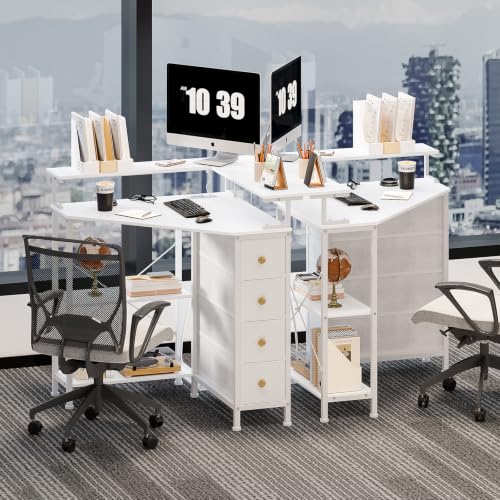 VENNQD Corner Desk with Drawers Shelves for Small Space 90 Degrees Triangle Computer Desk with Power Outlets,Gaming Desk with LED Lights Monitor Stand for Home Office Workstation Writing Table (White) - color: White