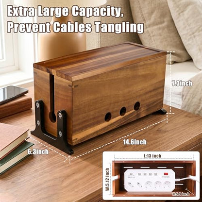 Extra Large Acacia Wood Cable Management Box, Pet Child Safe Cord Hider | Home Decor Cord Organizer, Sturdy Cable Hider Box for Power Strip, TV Wires, Desk & Floor & Office Under Desk Cable