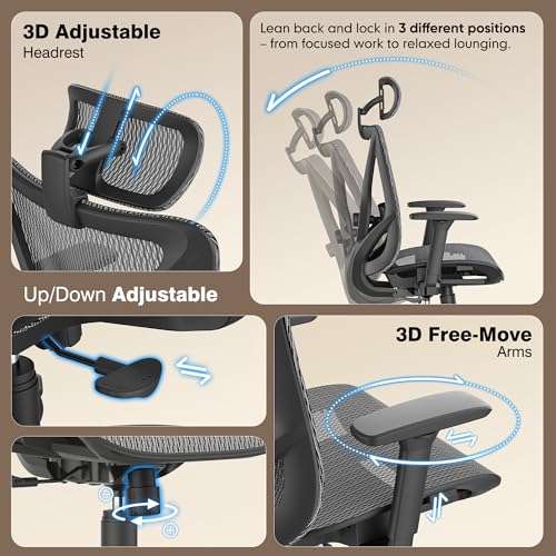 ELABEST T23 Ergonomic Mesh Office Chair, High Back Computer Desk Chair, Breathable AirMesh with Dual-Move Lumbar Support, 3D Armrests & Headrest, Tilt Lock,Big and Tall for Home Office(Graphite) - color: Graphite