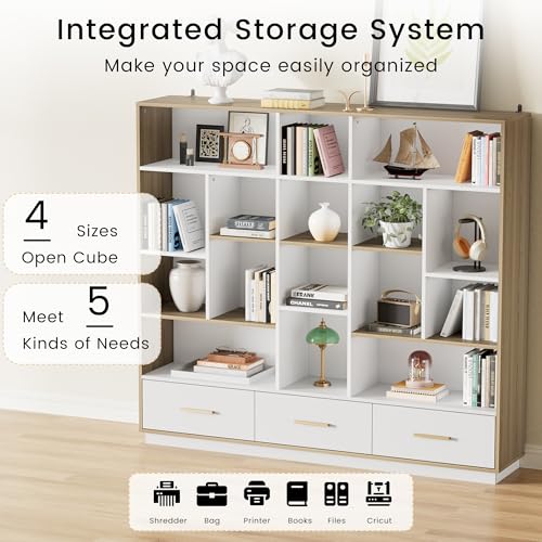ModernMate 60" Wide Bookshelf with 3 Drawers & 16 Open Display Storage - color: White Walnut
