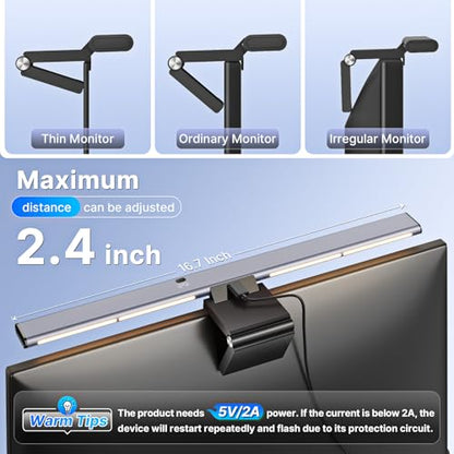 Syrinx 16.7" Monitor Light Bar, No Screen Glare USB LED Screen Lamp | 1200LM Eye Care Light, Touch & Gesture Control, Stepless Dimming, Compatible with Flat & Curved Monitors for Home Office - color: Gray