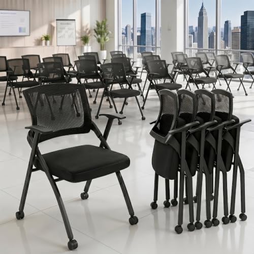 Folding Office Chair with Wheels, Breathable Mesh Rolling Guest Chair with Padded Seat, Stackable Conference Room Chairs for Meeting, Training, Classroom & Reception,with casters,2 - color: With Casters