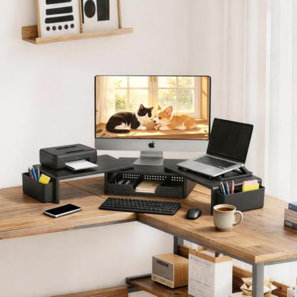 LEKETREE Dual Monitor Stand Riser with Drawer and 2 Pen Holders, Black - color: Black