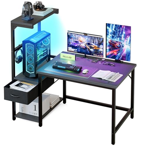 Grandder Gaming Desk 47 Inch with CPU Stand and LED Light, Computer Desk with Reversible Shelves and Storage Drawer, Pc Small Desk for Home Office Table with Bag, Carbon Fiber Black - color: Black, size: 47 Inch