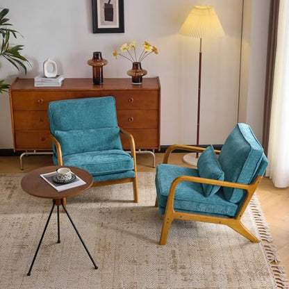 VINGLI Chenille Mid-Century Modern Accent Chair Set of 2, Cute Reading Arm Chair with Cushion & Lumbar Pillow & Solid Wood Frame for Lounge, Living Room, Reading Room, Bedroom, Turquoise - color: Turquoise