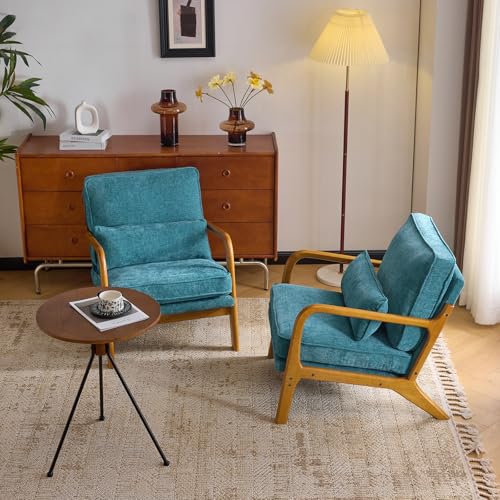 VINGLI Chenille Mid-Century Modern Accent Chair Set of 2, Cute Reading Arm Chair with Cushion & Lumbar Pillow & Solid Wood Frame for Lounge, Living Room, Reading Room, Bedroom, Turquoise - color: Turquoise