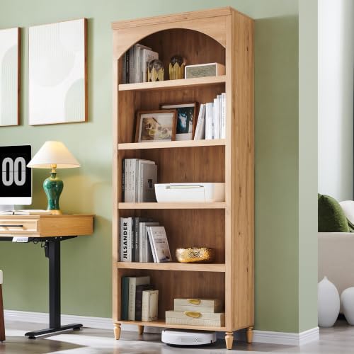 IFGET 76" Tall Arched Bookcase, Farmhouse Large Arched Bookshelf, Natural | 5 Tiers Arch Cabinet w/Adjustable Shelves, Modern Wooden Book Shelf w/Storage & Open Display Shelves for Living Room, Office - color: Natural, size: Large