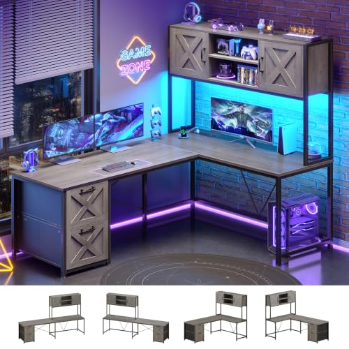 SEDETA Reversible Farmhouse L Shaped Gaming Desk with Drawers, Hutch - color: Light Gray