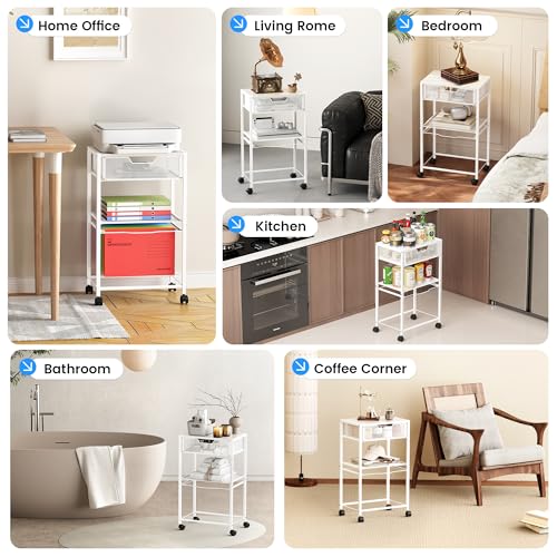 Cawukege 3 Tier Printer Stand, Small Mobile Table with Wheels, Printer Shelf Rolling Cart with Storage Desk Organizer Hanging File for Office Home, White - color: White