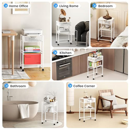 Cawukege 3 Tier Printer Stand, Small Mobile Table with Wheels, Printer Shelf Rolling Cart with Storage Desk Organizer Hanging File for Office Home, White - color: White