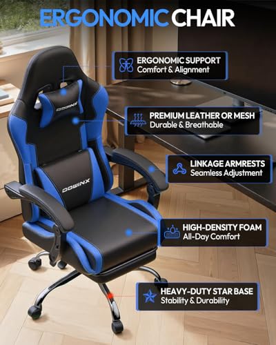 Dowinx Ergonomic Gaming Chair with Footrest & Massage Lumbar, 2D-Linkage Armrests for Computer Chair 330lbs with Headrest Pillow for Office, Home, Streaming and Long Gaming Sessions, Blue - color: Blue