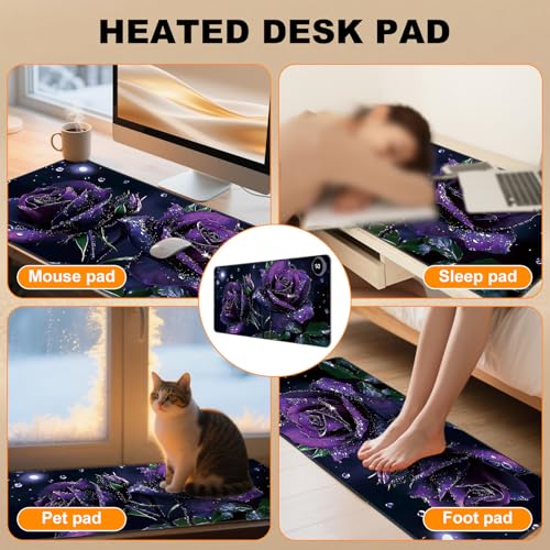 Heated Desk Pad 31.5" x 13" 3 Large Heated Mouse Pad with Heat Levels (40°C/45°C/50°C) & 3H Auto Shut-Off Desk Mat Fast Heating PU Leather Warmer Mousepad for Home Office - Purple Rose Flowers - color: Purple Rose Flowers, size: 31.5 x 13 inch