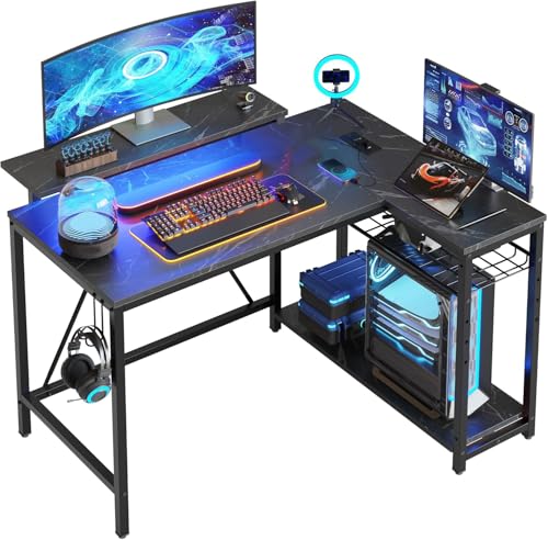 Bestier 42-Inch L-Shaped Gaming Desk with Charging & LED, Marble Black | Charging 2AC+USB+Type-C, RGB LED 7 Colors/20 Modes, Reversible Shelves, 3D Carbon Fiber, Headphone Hook, Small Space - color: Marble Black, size: 42 Inch