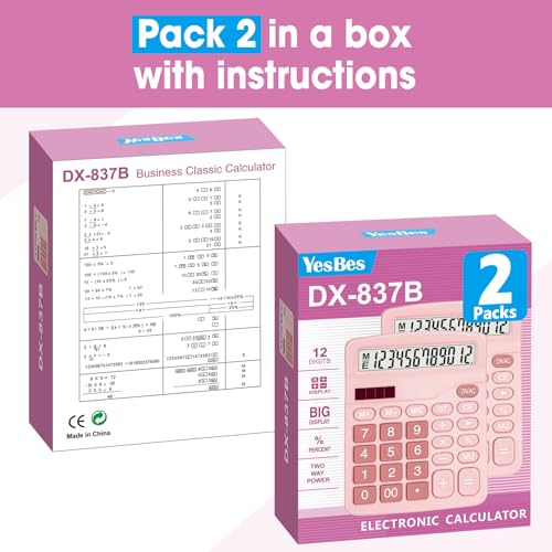2 Pack Calculator, Pink Calculators Desktop 12 Digits with Large LCD Display and Sensitive Butto, Solar and Battery Dual Power, Desk Calculator - color: Pink-2P