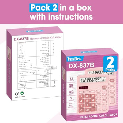 2 Pack Calculator, Pink Calculators Desktop 12 Digits with Large LCD Display and Sensitive Butto, Solar and Battery Dual Power, Desk Calculator - color: Pink-2P