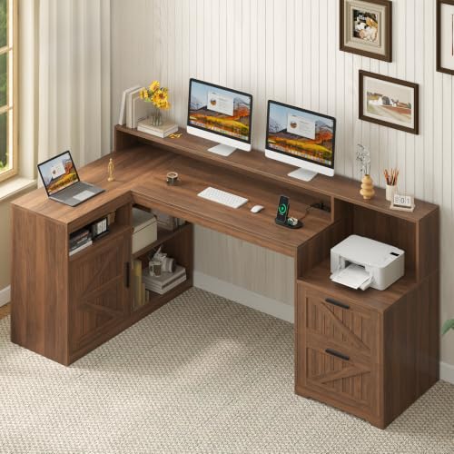 63" Farmhouse L Shaped Desk with Drawers and Printer Stand for Home Office - color: Brown