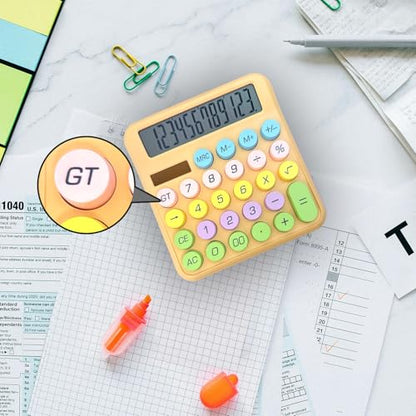 Cute Desktop Calculator, 12 Digits Large Calculator with Clear LCD Display and Large Button, Solar/Battery Powered, Basic Calculator for Business, Office, Home, School, Class (Khaki)