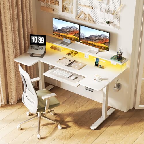 OffiGo 55 Inch U Shaped Electric Standing Desk with Keyboard Tray, White - color: White, size: 55 Inch