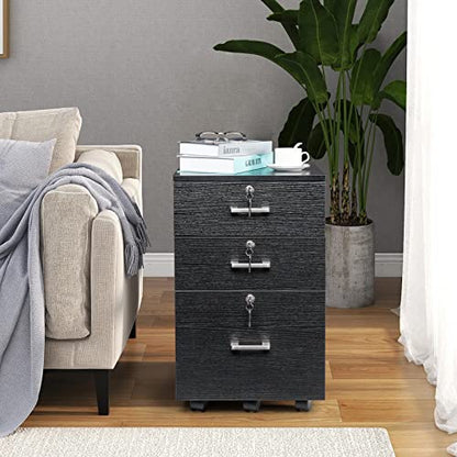 2 Drawer File Cabinet with Lock, Wood File Cabinet for Letter Size File Folders, Rolling File Cabinets with Deep Drawer Storage for Under The Desk, Mobile Filing Cabinet Printer Stand (Black)
