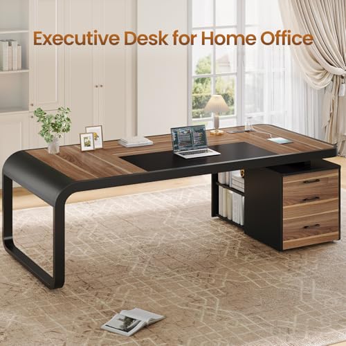 Itaar 70.9" Executive Desk, Large Computer Desk with Drawers and Lateral File Cabinet, Office Desk with Removable Shelves, Business Furniture Desk Workstation for Home Office, Walnut - color: Walnut