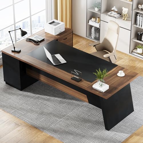 Tribesigns 78" L-Shaped Executive Desk, Extra Large Modern Office Desk with Drawers and File Cabinet, Business Furniture with Storage Shelves, Big Computer Desk for Home Office (Light Walnut + Black) - color: Light Walnut + Black