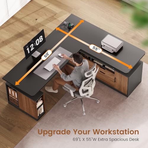 SEDETA L Shaped Electric Standing Desk, 69" x 55" Height Adjustable Office Executive Desk with 4 Drawers and Storage Shelves, Fluted Sit Stand Computer Desk with Power Outlet (Modern Black+ Brown) - color: Modern Black+ Brown
