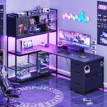 SEDETA 58'' L Shaped Computer Office Desk with 3 Drawers and Bookshelf - color: Black