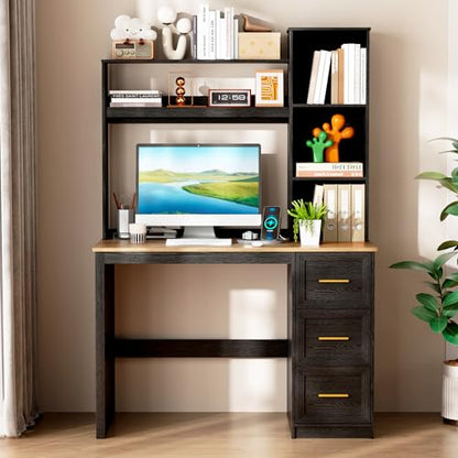 40” Home Office Desk with Hutch and Drawers, Black | Modern Computer Desk with Adjustable LED Light and Charging Station, Storage Shelves, Writing Table for Bedroom Study Room - color: Black+brown