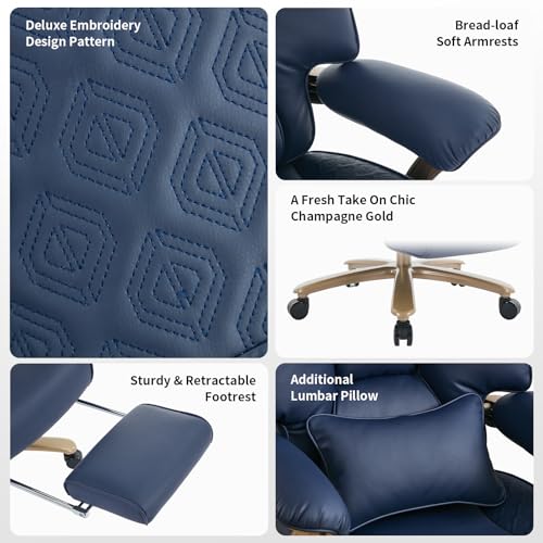 EXCEBET Big and Tall Executive Office Chair with Footrest, 400LBS Capacity Ergonomic High-Back Desk Office Chair with Lumbar Support, Padded Armrests & Thick Cushion, Blue PU Leather Chairs - color: Blue