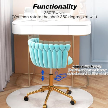HENGJIANYI Velvet Woven Home Swivel Vanity Desk Chair with Gold Base, Cyan | Modern Height Adjustable Office Chair with Metal Base and Hand Weaving Back Wheels for Bedroom Study Small Space girl women - color: Cyan