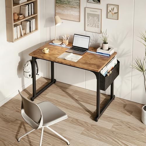 DurayLoly 40" Computer Desk with Waterproof LED Lights for Bedroom,Brown - color: Rustic Brown, size: 40 IN