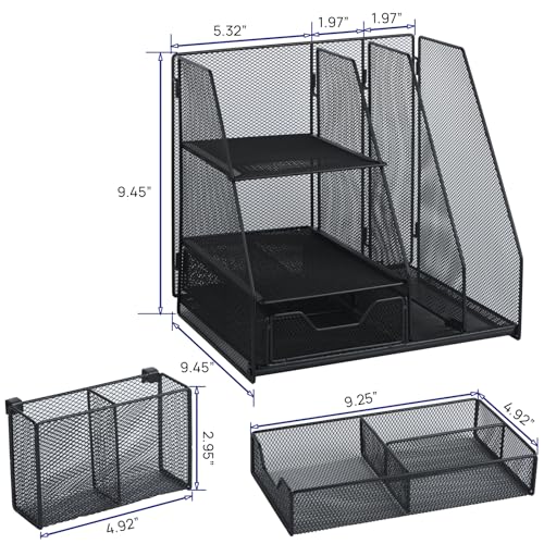 Topwey Desk Organizers and Acceessories for Office School Study | 2-Tier Paper, Letter Tray, 1 Drawer and 2 Pen Holder - color: dark black