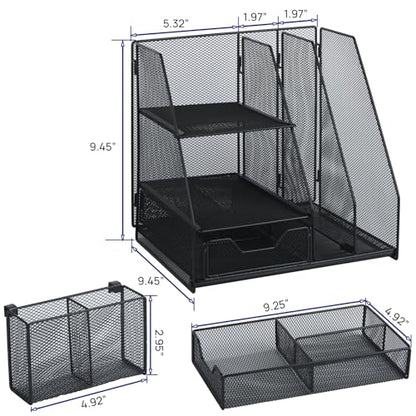 Topwey Desk Organizers and Acceessories for Office School Study | 2-Tier Paper, Letter Tray, 1 Drawer and 2 Pen Holder - color: dark black