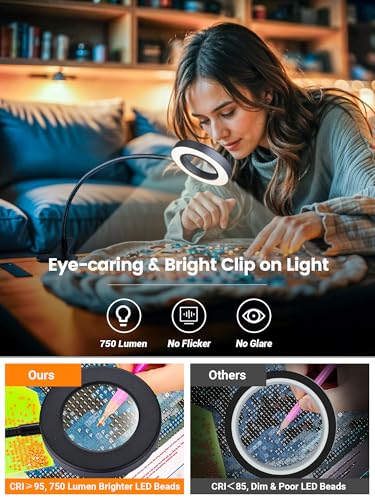 10X Magnifying Glass with Light,5 Colors+10 Brightness Reading Lamp,58 LED Magnifier with Light,750 Lumen Lighted Magnifying Glass for Reading,Clip on Lamp for Desk/Bed/Work/Nail [Adapter]