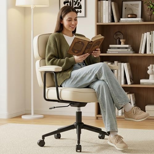 Ergonomic Leather Office Chair, High Back Executive Desk Chair | Comfy Lumbar Support, Padded Arms, Adjustable Height, 360° Swivel Rolling Computer Chairs for Home Office, Beige - color: Beige
