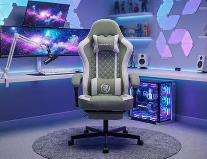 Office Desk Computer Gaming Chair for Adults, Ergonomic High Back Gamer Chair with Massage and Pocket Spring Cushion, Swivel Comfy Video Game Chairs with Footrest and Lumbar Support (Green White) - color: Base Green Fabric