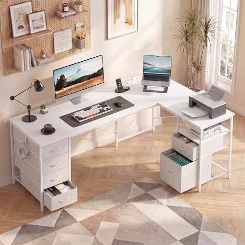 YOUDENOVA 55 Inch L Shaped Office Desk with 6 Drawers & Type-C Port, White - color: White, size: 55 Inch